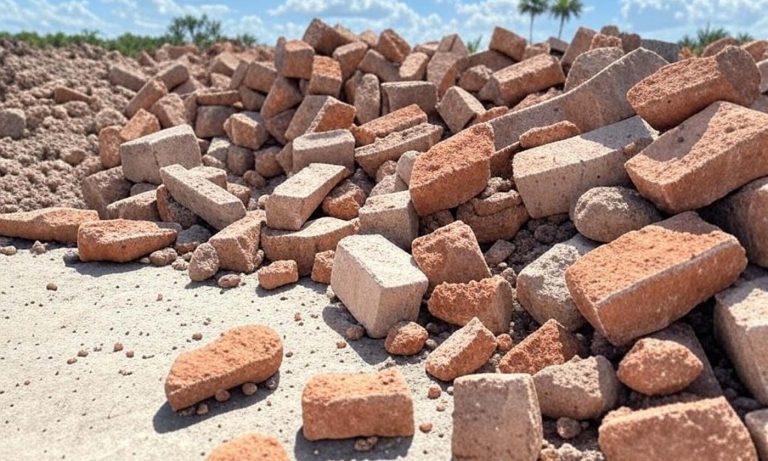 Brick and cinder block debris on the ground at a job site in Satellite Beach, FL.