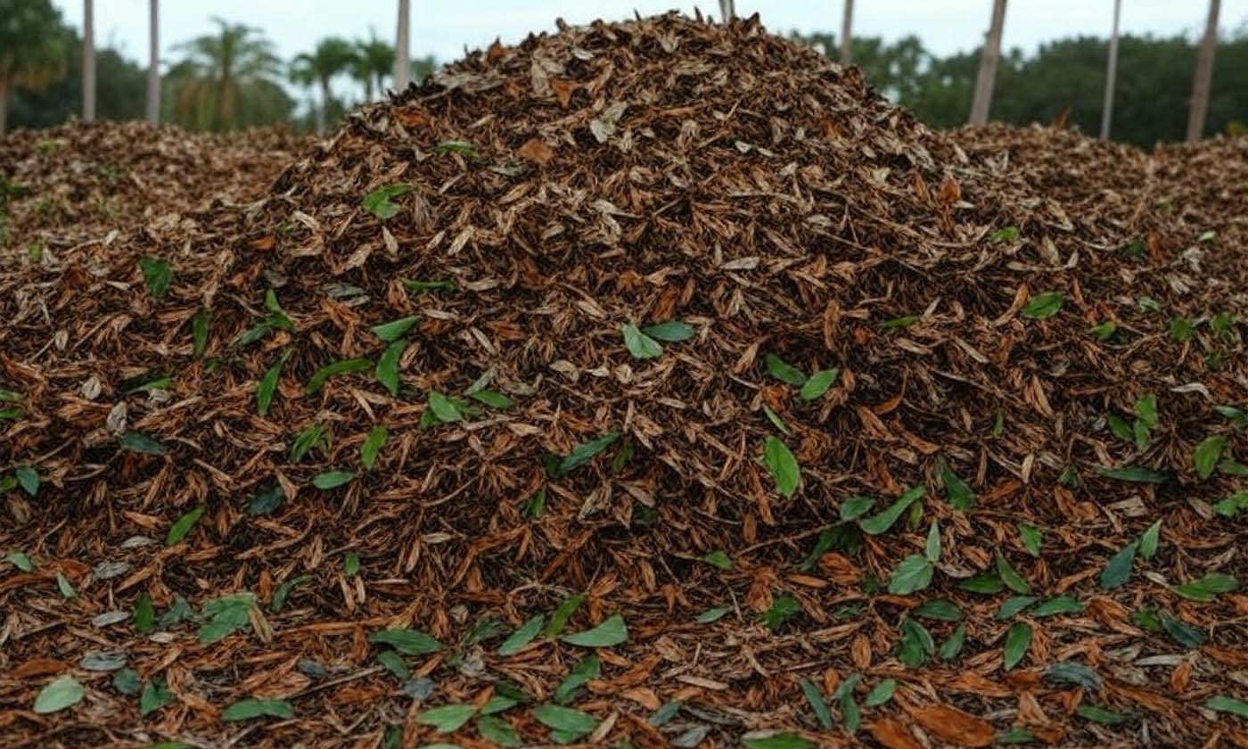 Leaves and mulch on the ground at a job site with a roll-off dumpster in Union Park, FL.