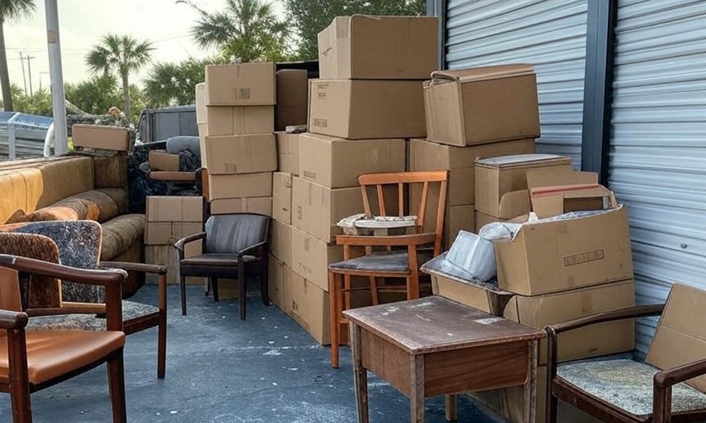 Storage unit cleanout with items on the ground and a roll-off dumpster in Conway, FL.